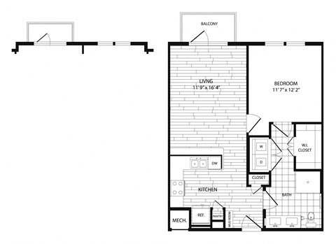 Floor plan for 1 bed, 1 bath, 753 sqft